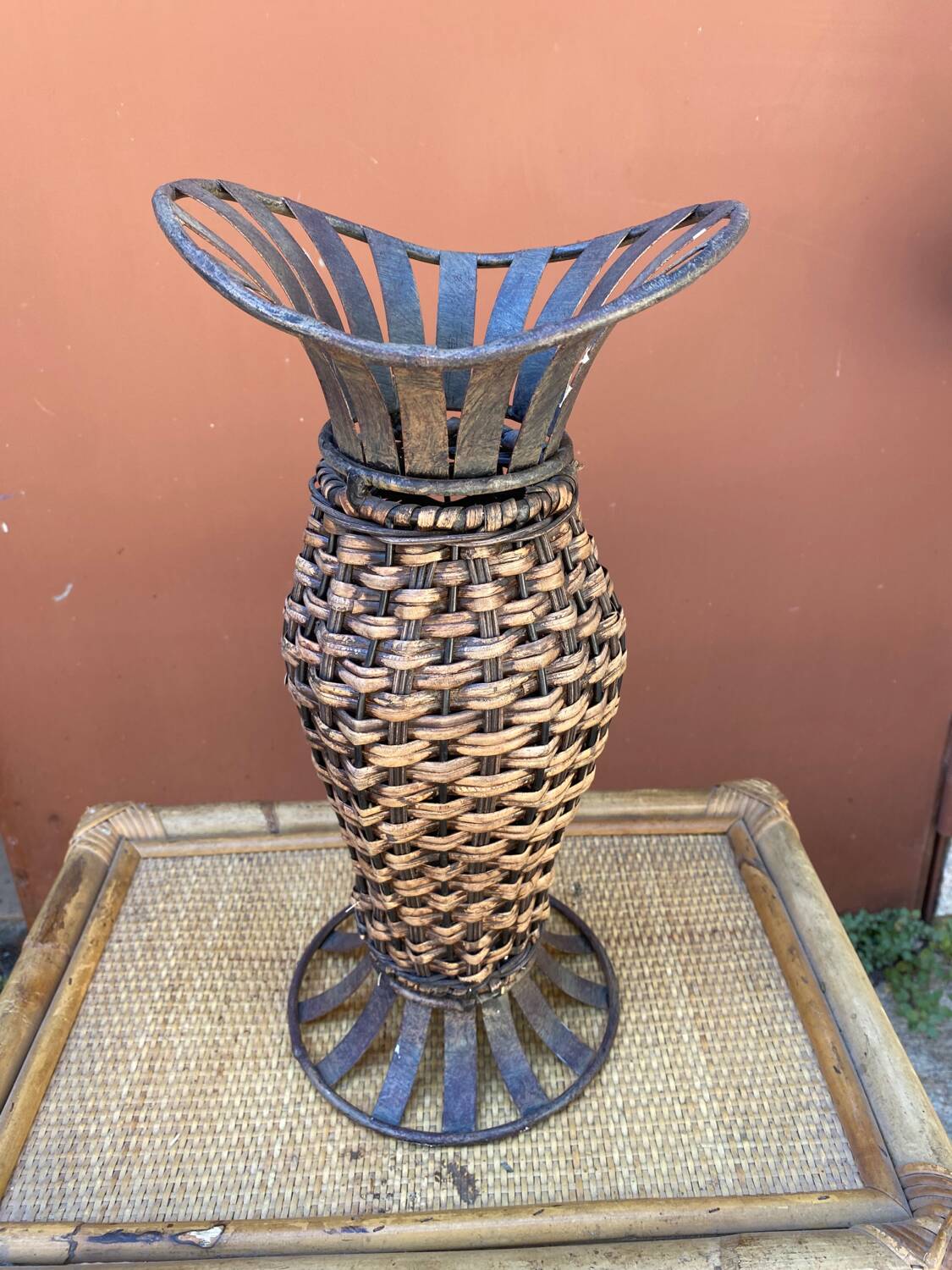 Wicker and metal vase