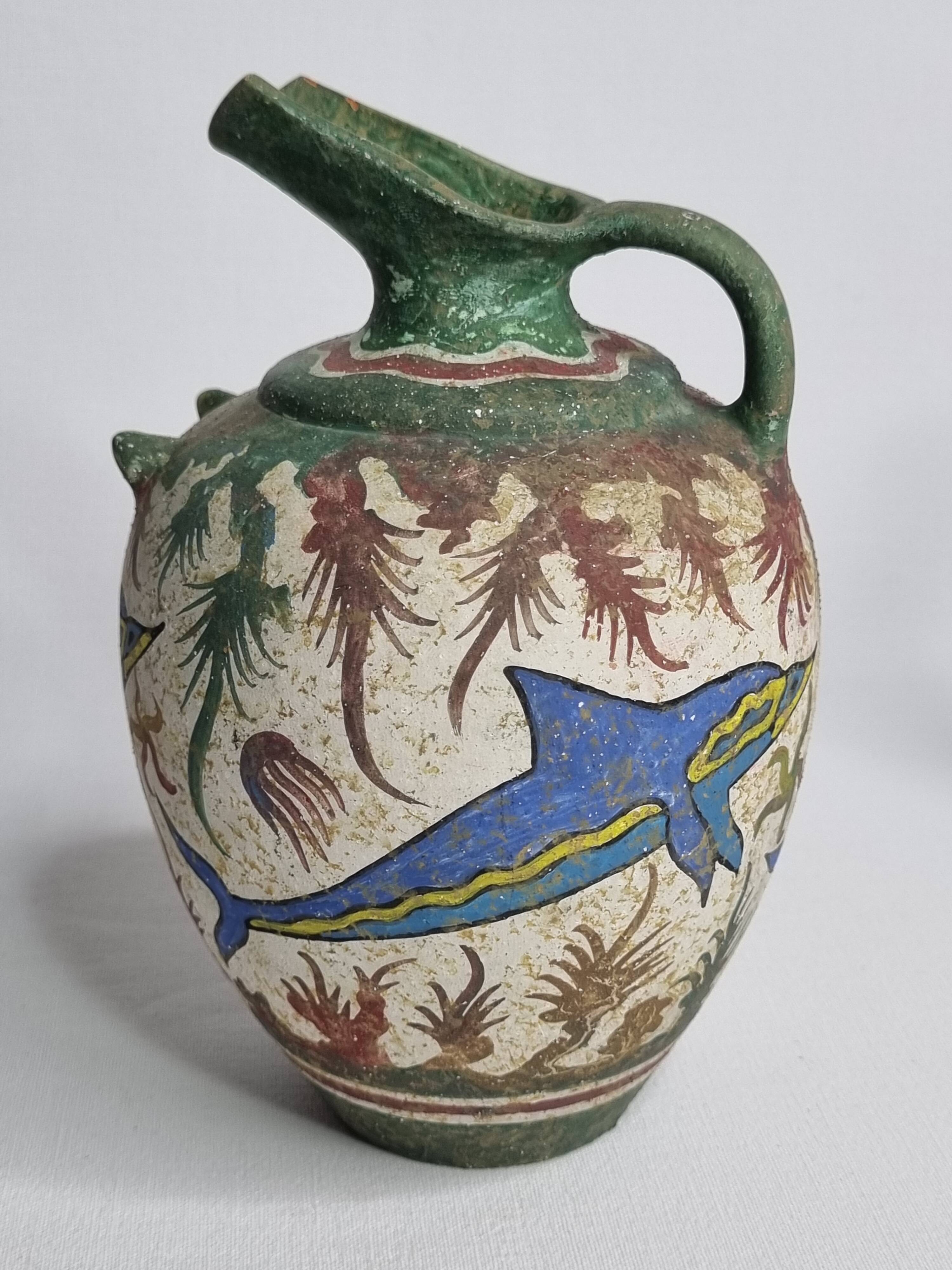 Ceramic vase, Ancient Cretan style, marine decoration with dolphins, 17 cm