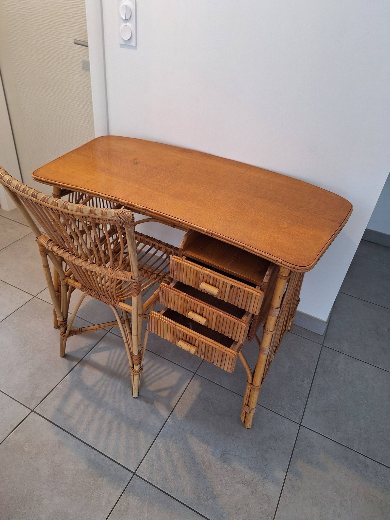Rattan and bamboo desk with chair - Audoux Minet style from the 1970s.