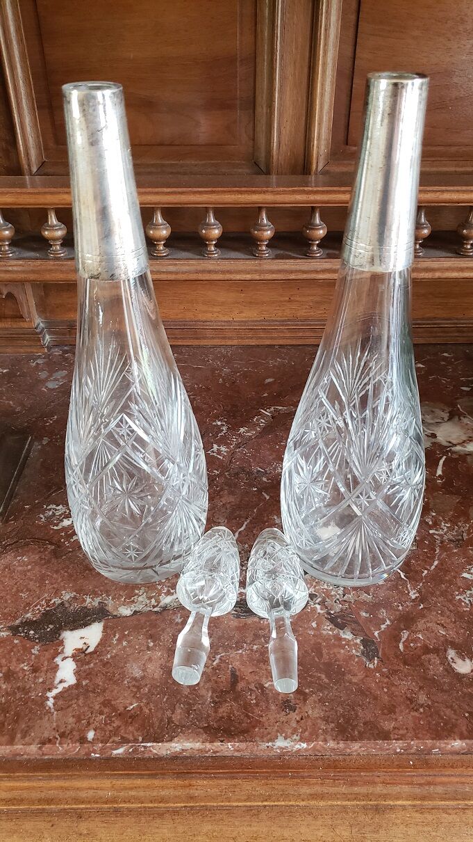 Pair of crystal and metal decanters