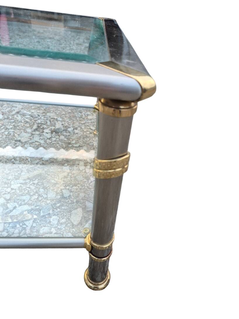 1970s living room table, brushed aluminium and gold metal, bevelled glass.