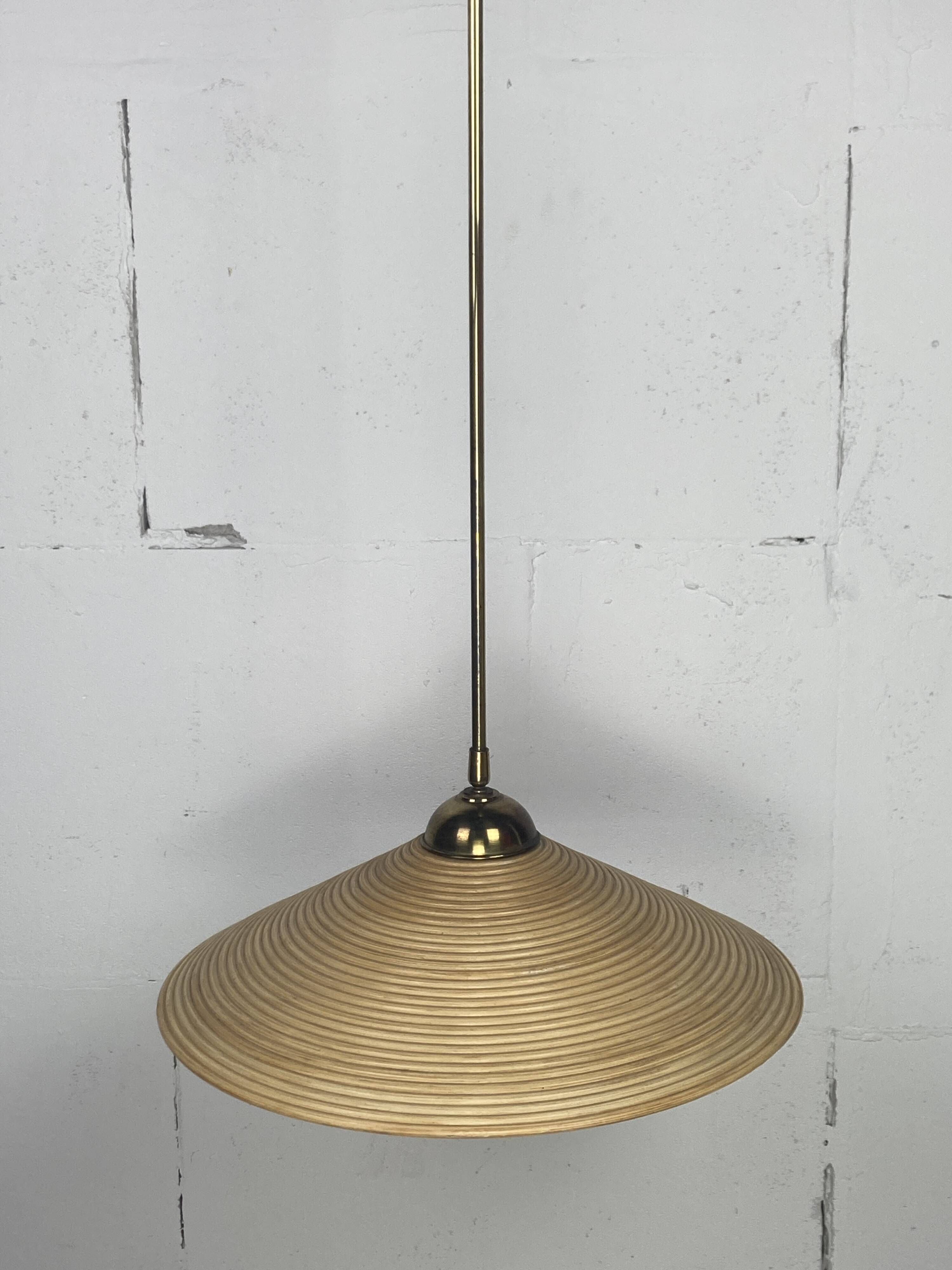 Telescopic brass and pencil reed rattan bamboo hanging pendant lamp, Italy 1970s