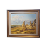 Oil painting on wood landscape harvest