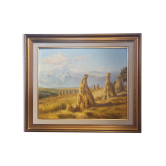 Tableau peinture huile sur bois paysage moisson