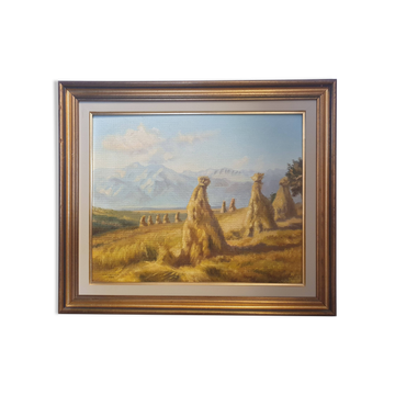 Oil painting on wood, harvest landscape