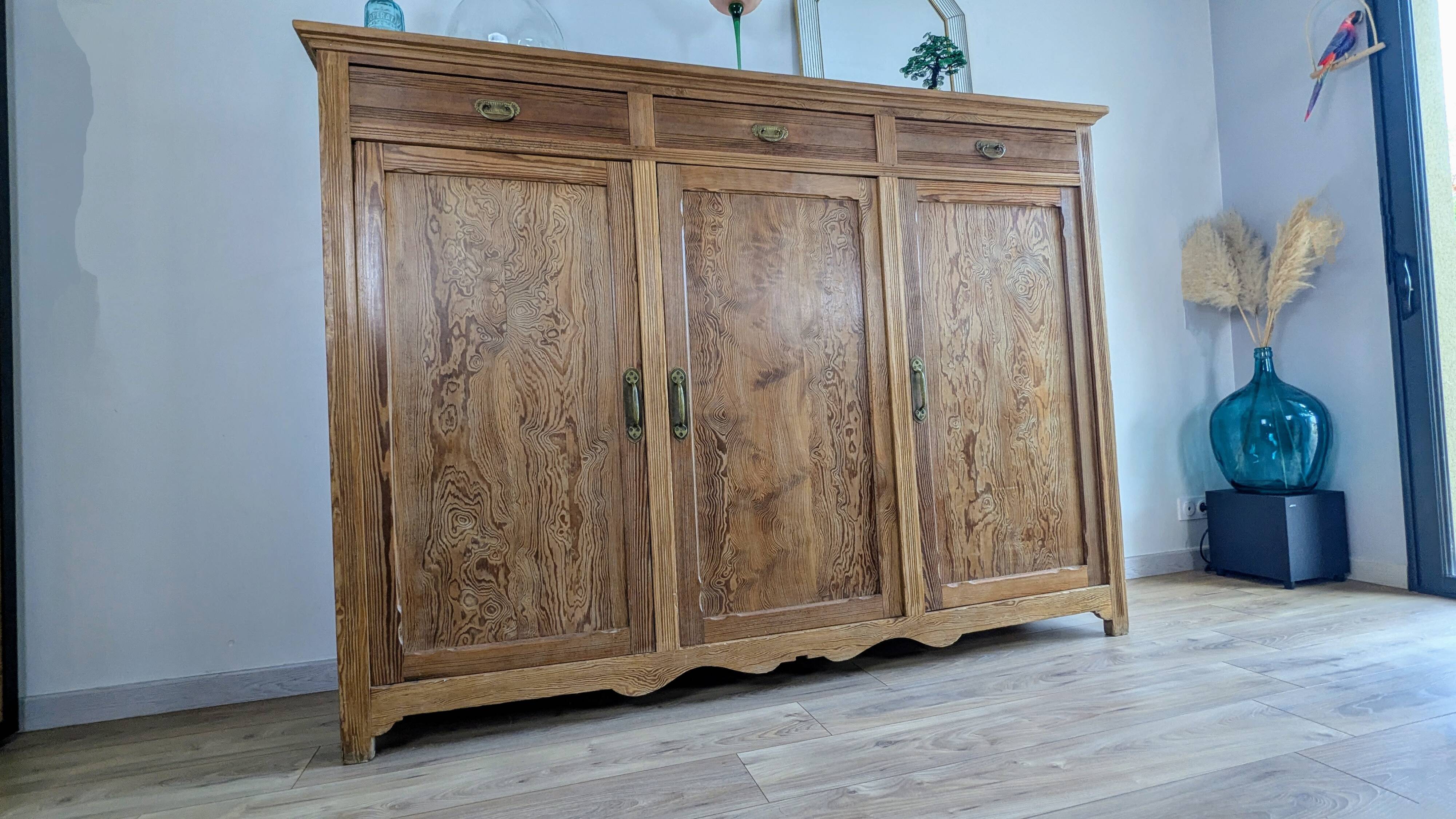 Large solid pitch pine sideboard, 206 x H150 cm, unique piece