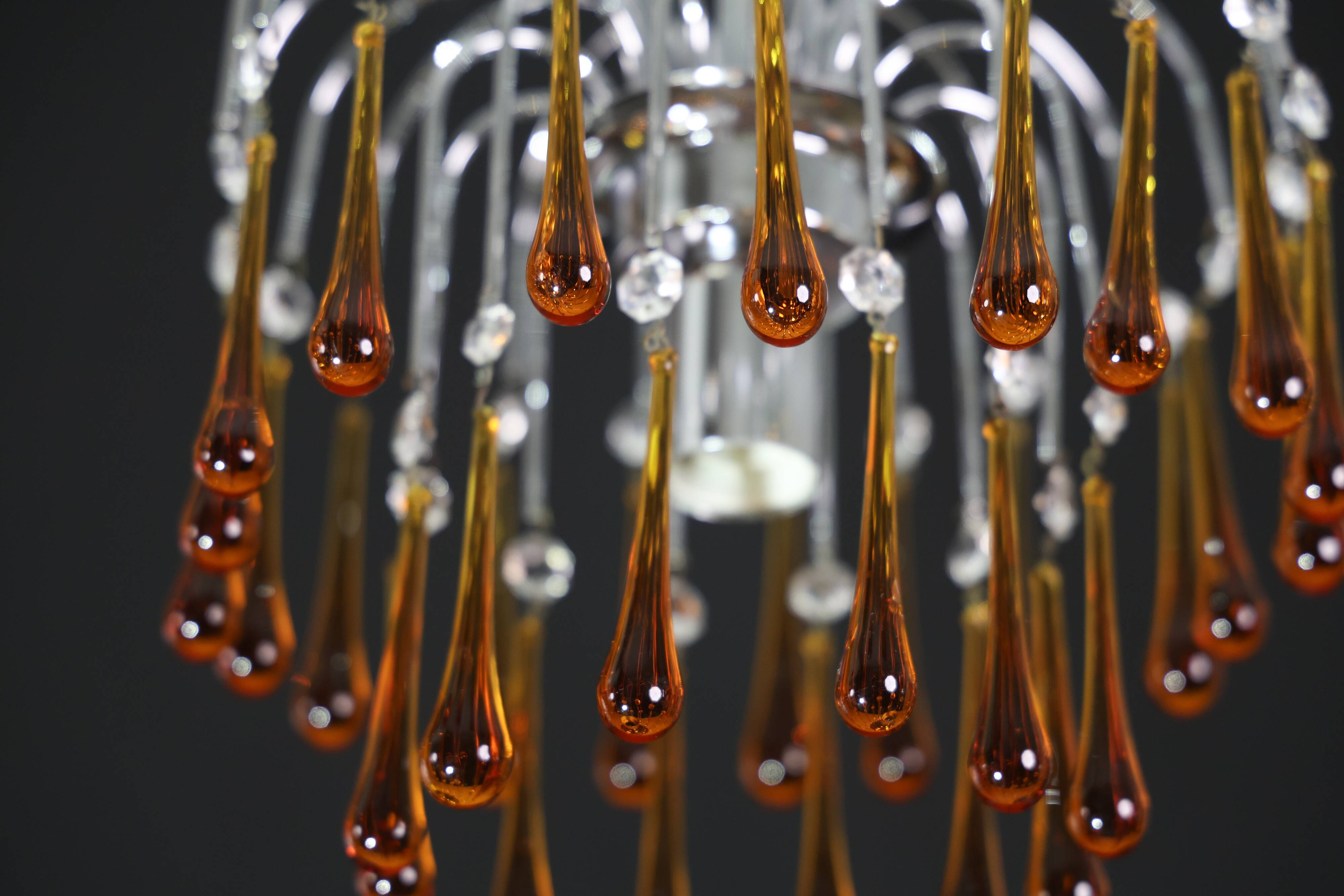 The Amber Crown, Murano Chandelier Amber and Crystal Drops, 1970s