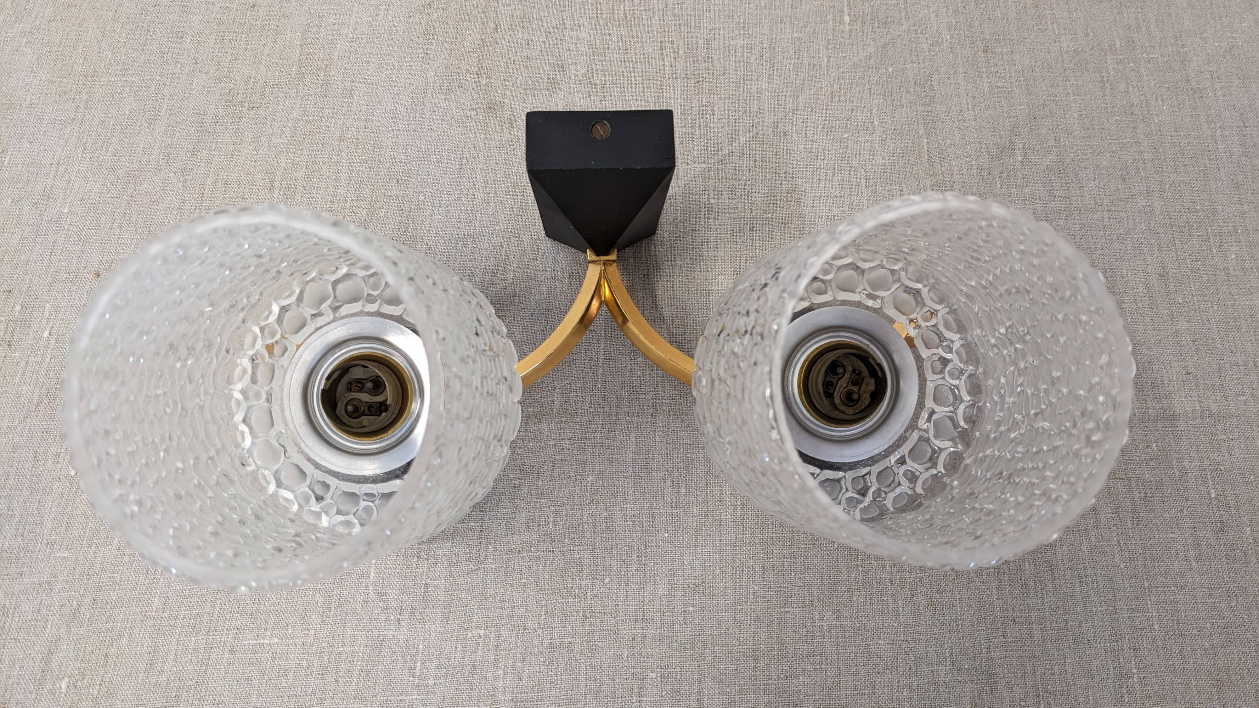 Pair of double wall lights in bubbled glass by Maison Arlus, France circa 1960.