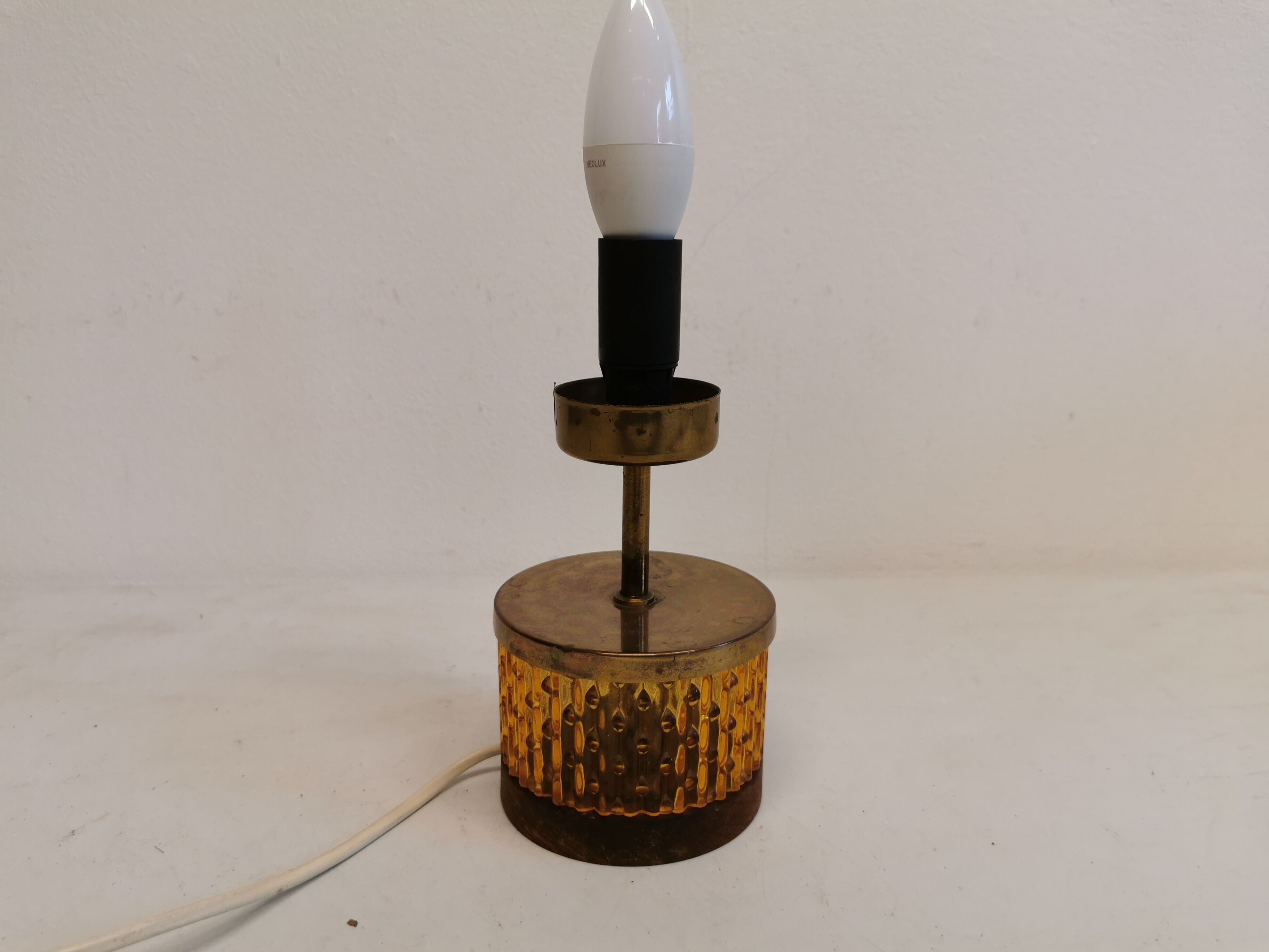 Swedish table lamp foot, made of wood, amber bubble glass and brass