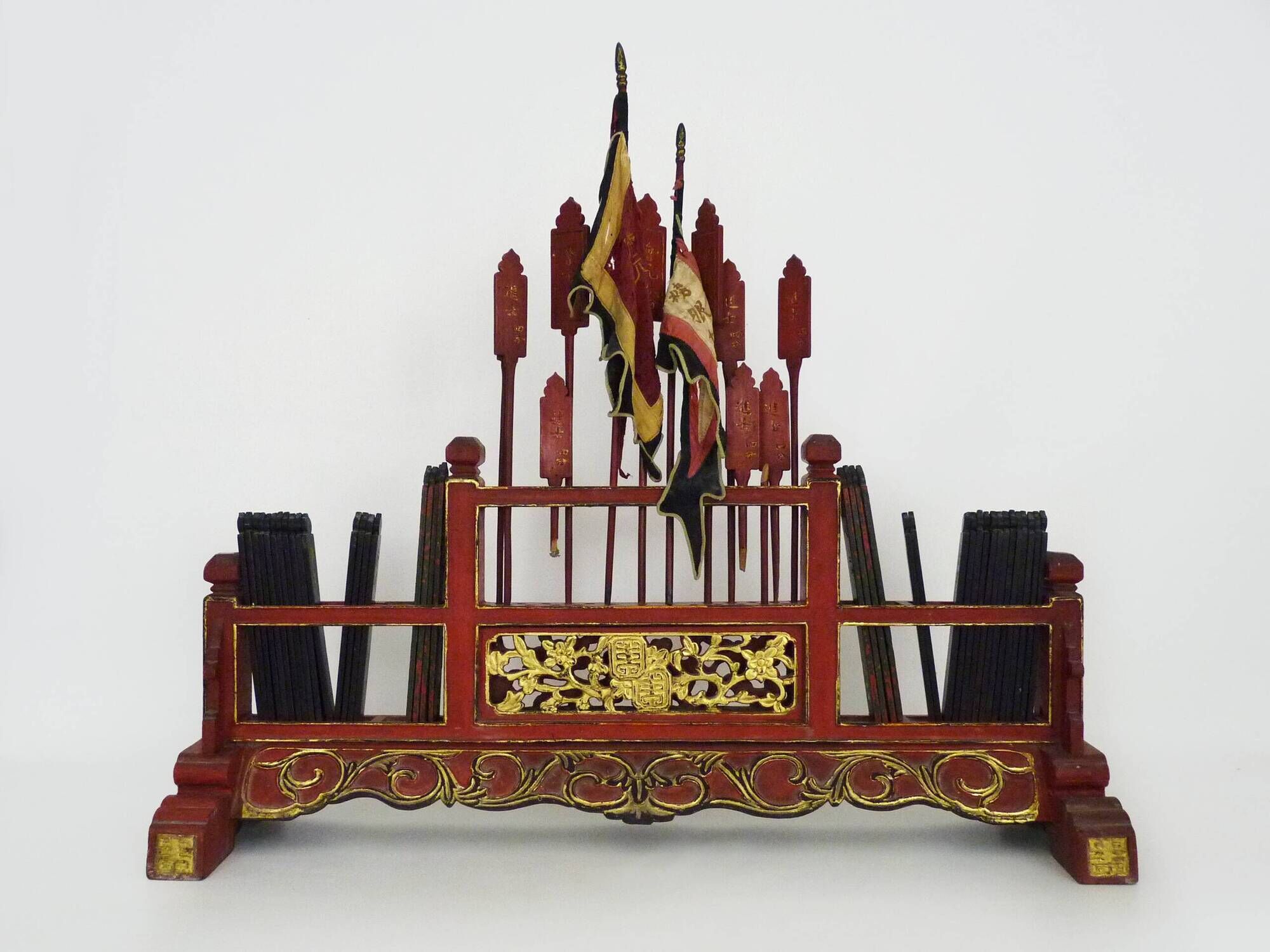 Antique Chinese board game in red and gold carved wood. 1950s
