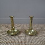 Pair of brass push-button candlestick holders in gold metal, bohemian country decoration
