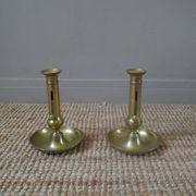 Pair of brass push-button candlestick holders in gold metal, bohemian country decoration