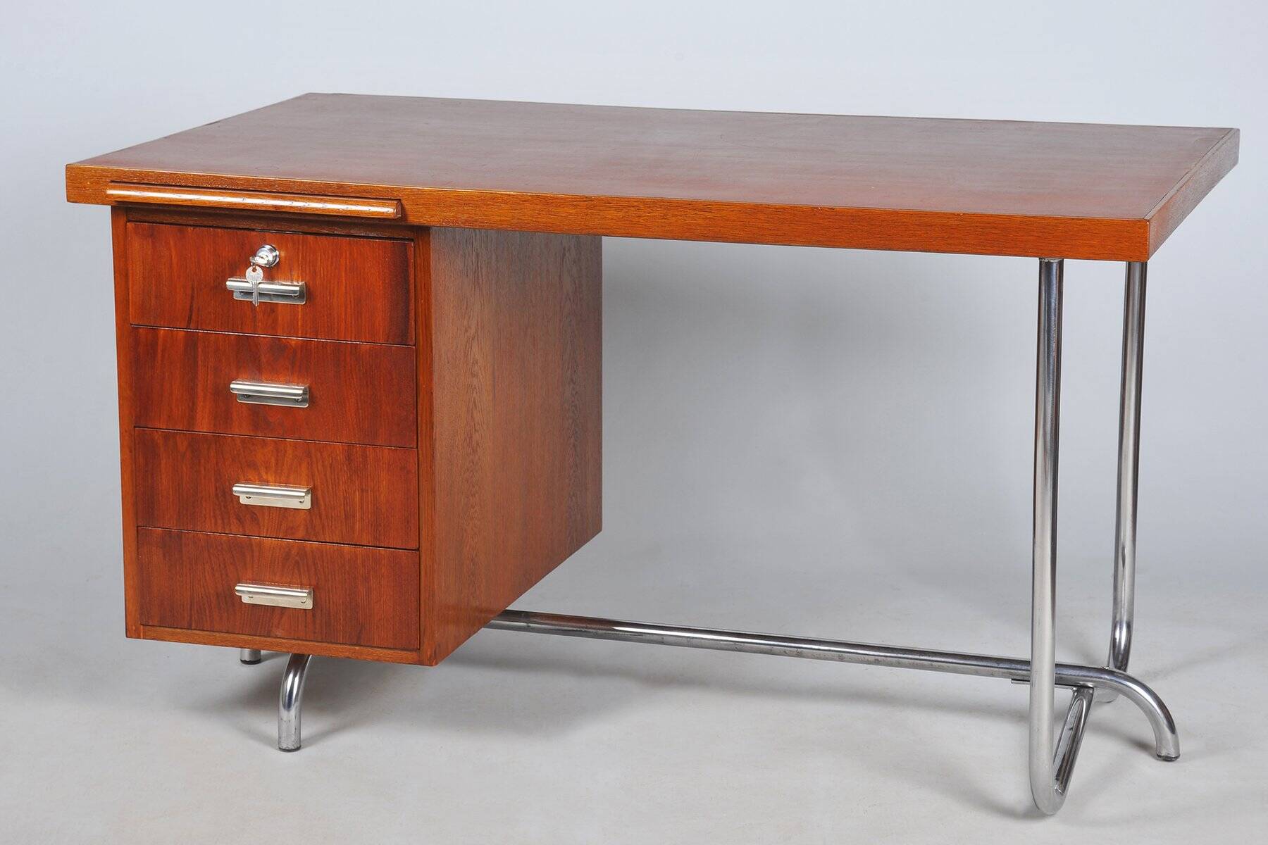 Bauhaus Writing Desk in Oak and Chrome attributed to Hynek Gottwald, Czechia, 1930s