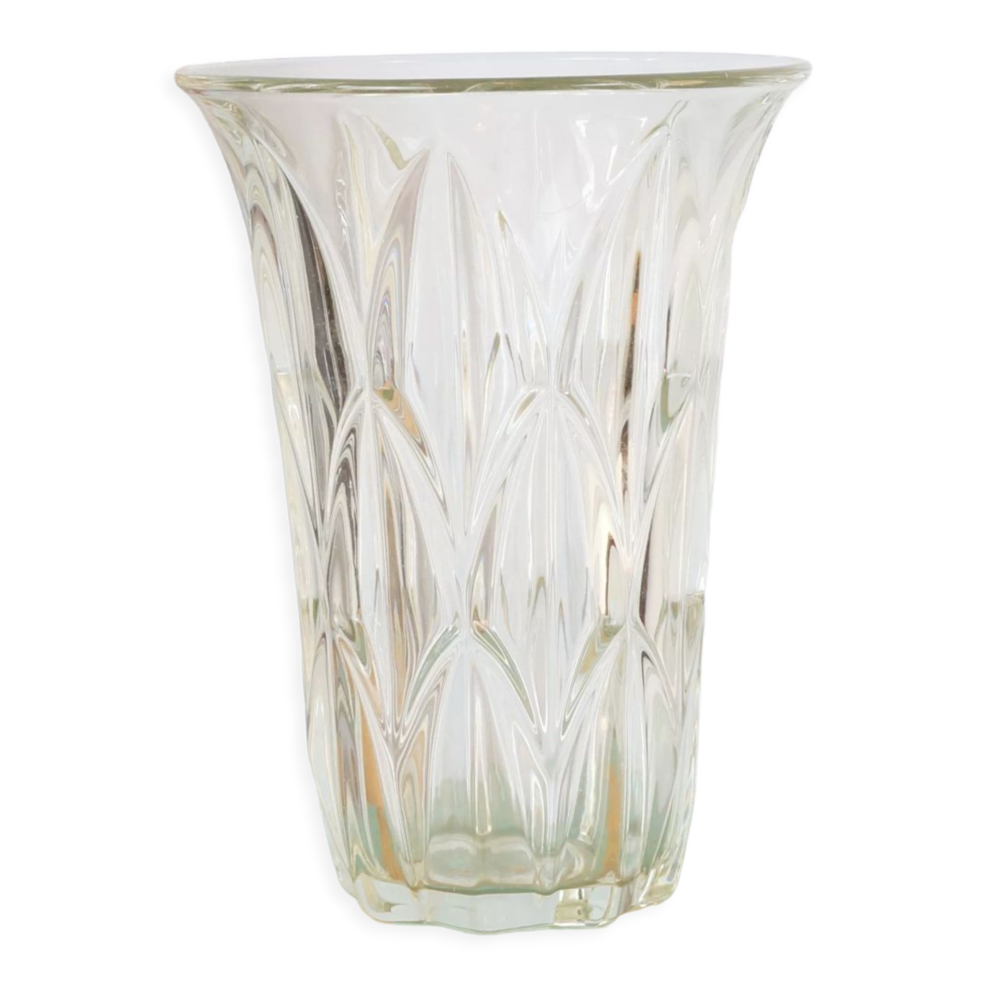 Large art deco style molded glass vase, foliage pattern