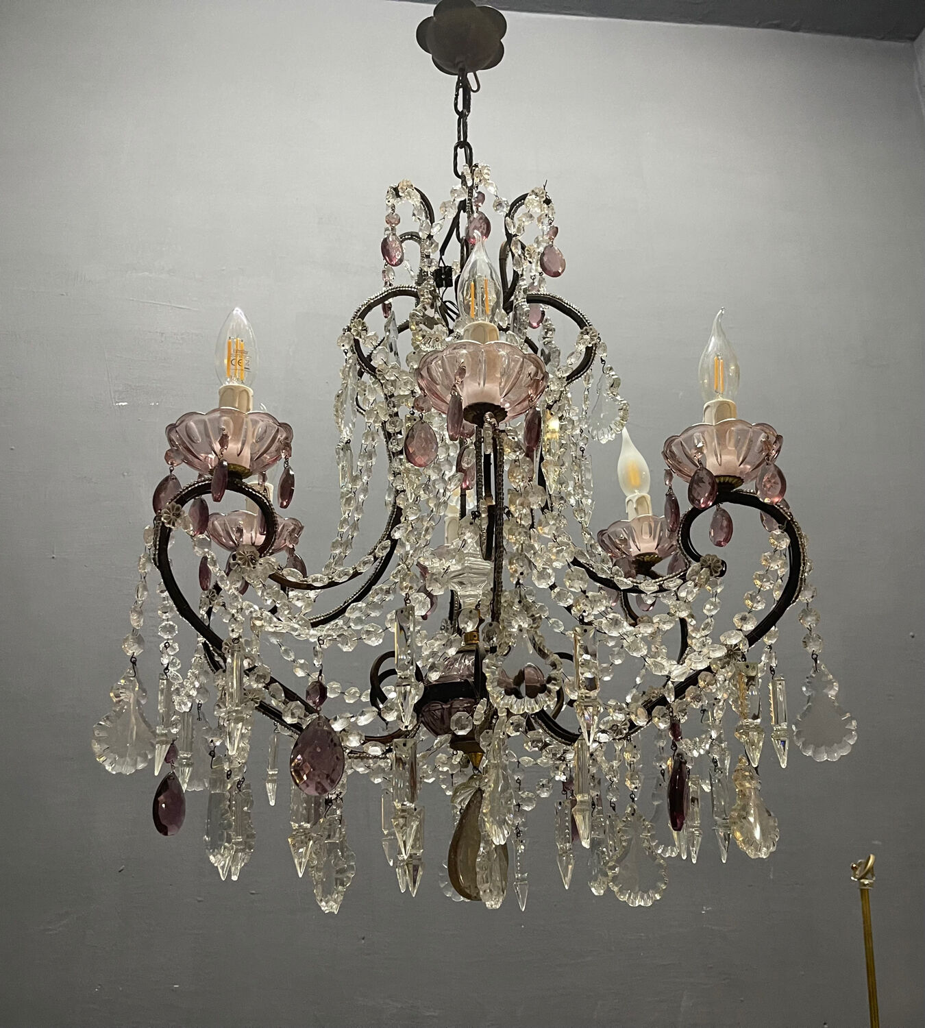 Chandelier vintage en cristal italien avec bobeches en verre lilas, 1