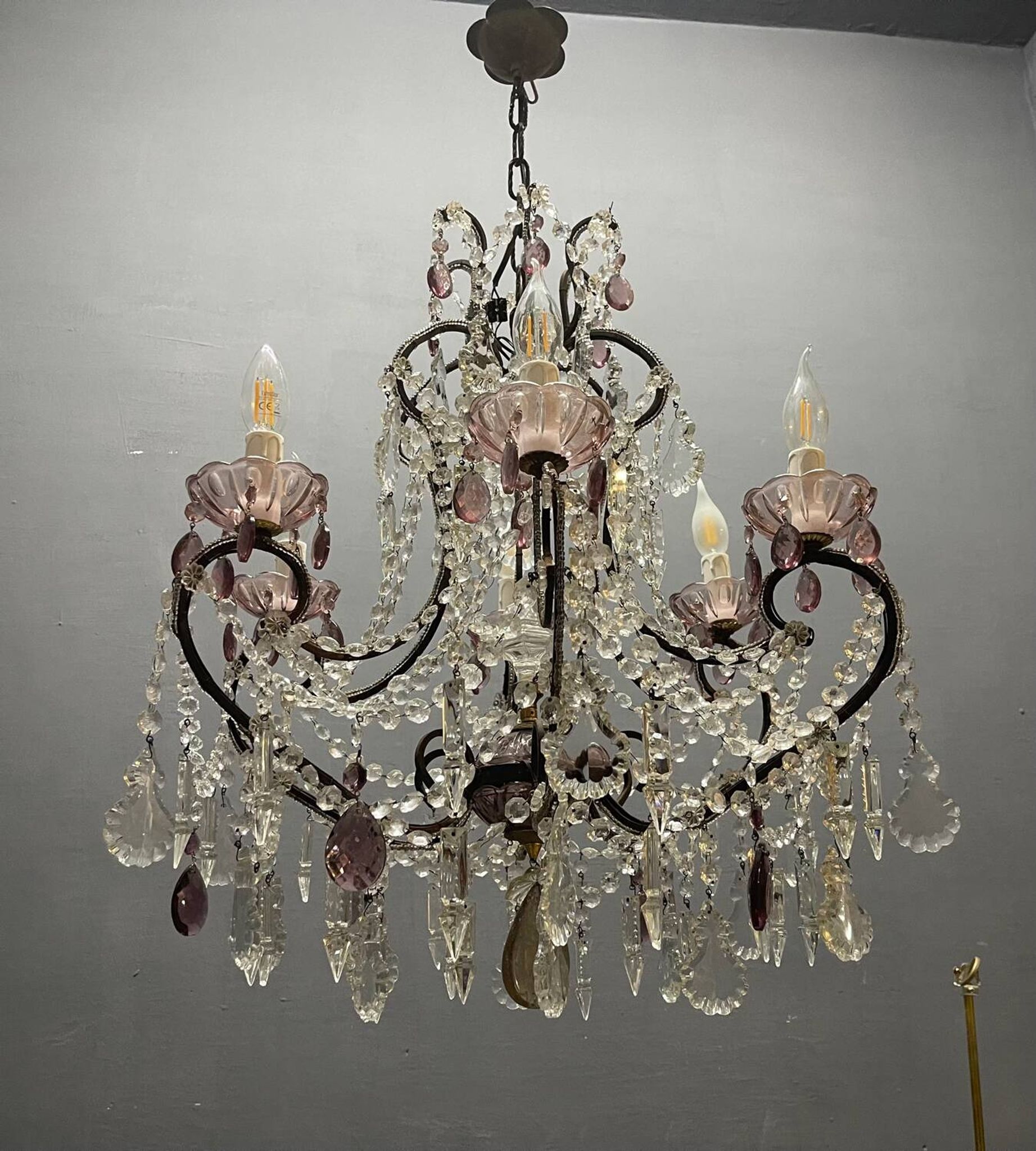 Vintage Italian Crystal Beaded Chandelier with Lilac Glass Bobeches, 1