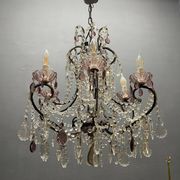 Vintage Italian Crystal Beaded Chandelier with Lilac Glass Bobeches, 1