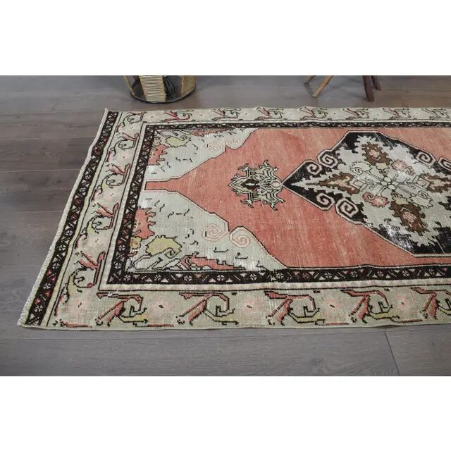 Orange Handmade Wool Turkish Vintage Oushak Runner Rug 94x324
