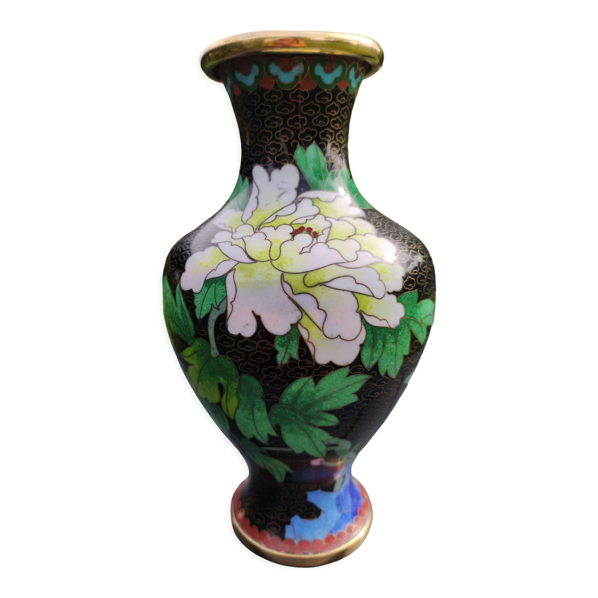 Asian handcrafted decorative vase in cloisonné enamels, neck outline & brass base