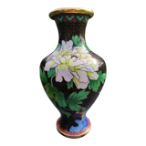 Vase décoratif artisanal asiatique en émaux cloisonnés,  contour du col & base en laiton