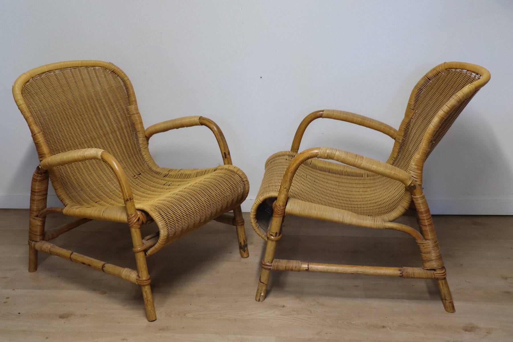 Paire de fauteuils vintage en osier et bambou, 1960