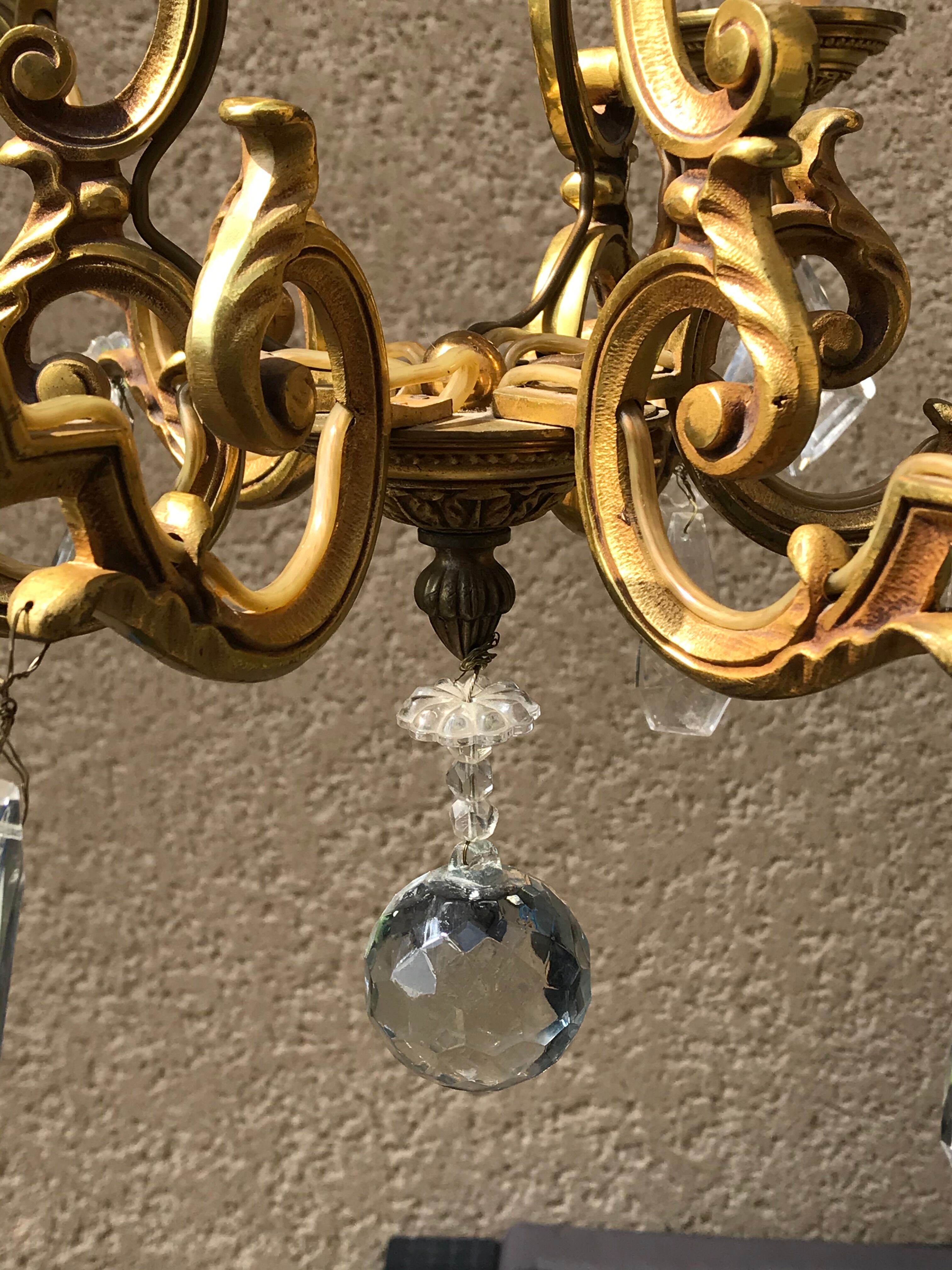 Bronze cage chandelier with crystal drops, 6 lights