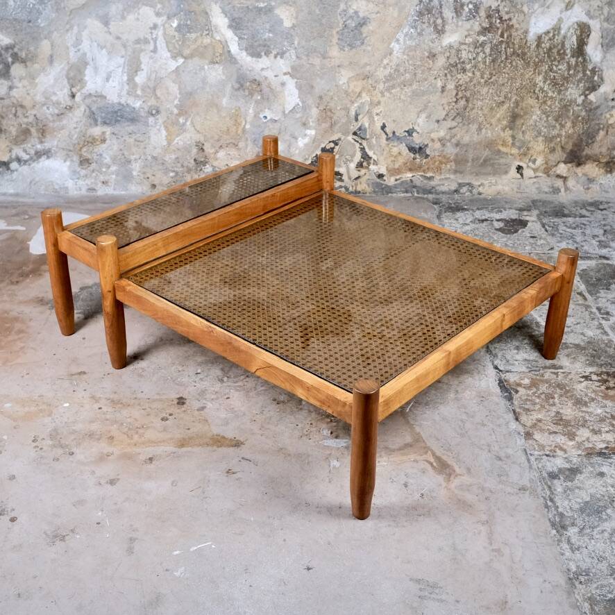 Cane and smoked glass coffee table, France, 1980.
