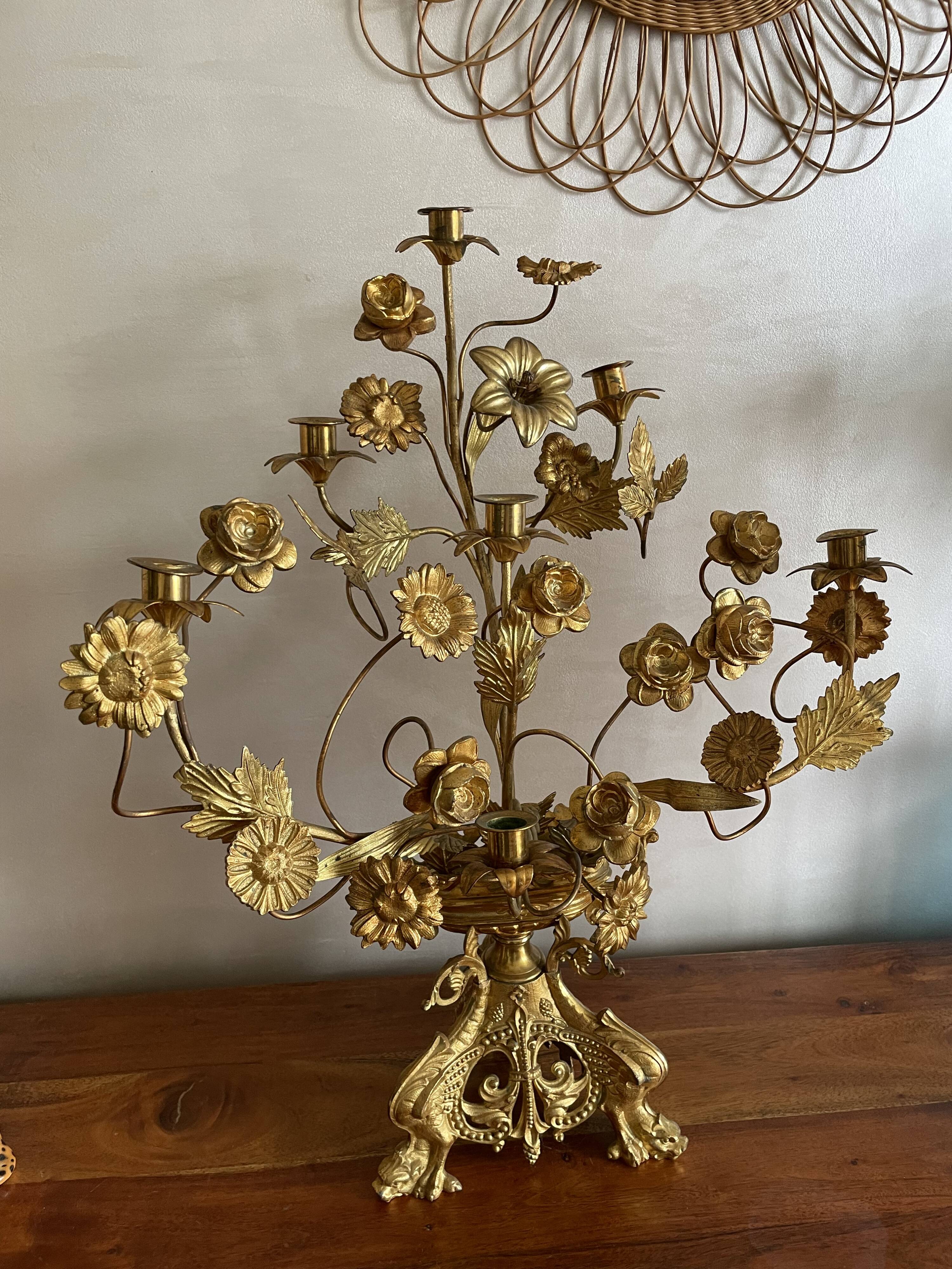 Brass church candelabra with fleur-de-lys