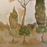 Signed watercolor painting “olive tree field in Provence”