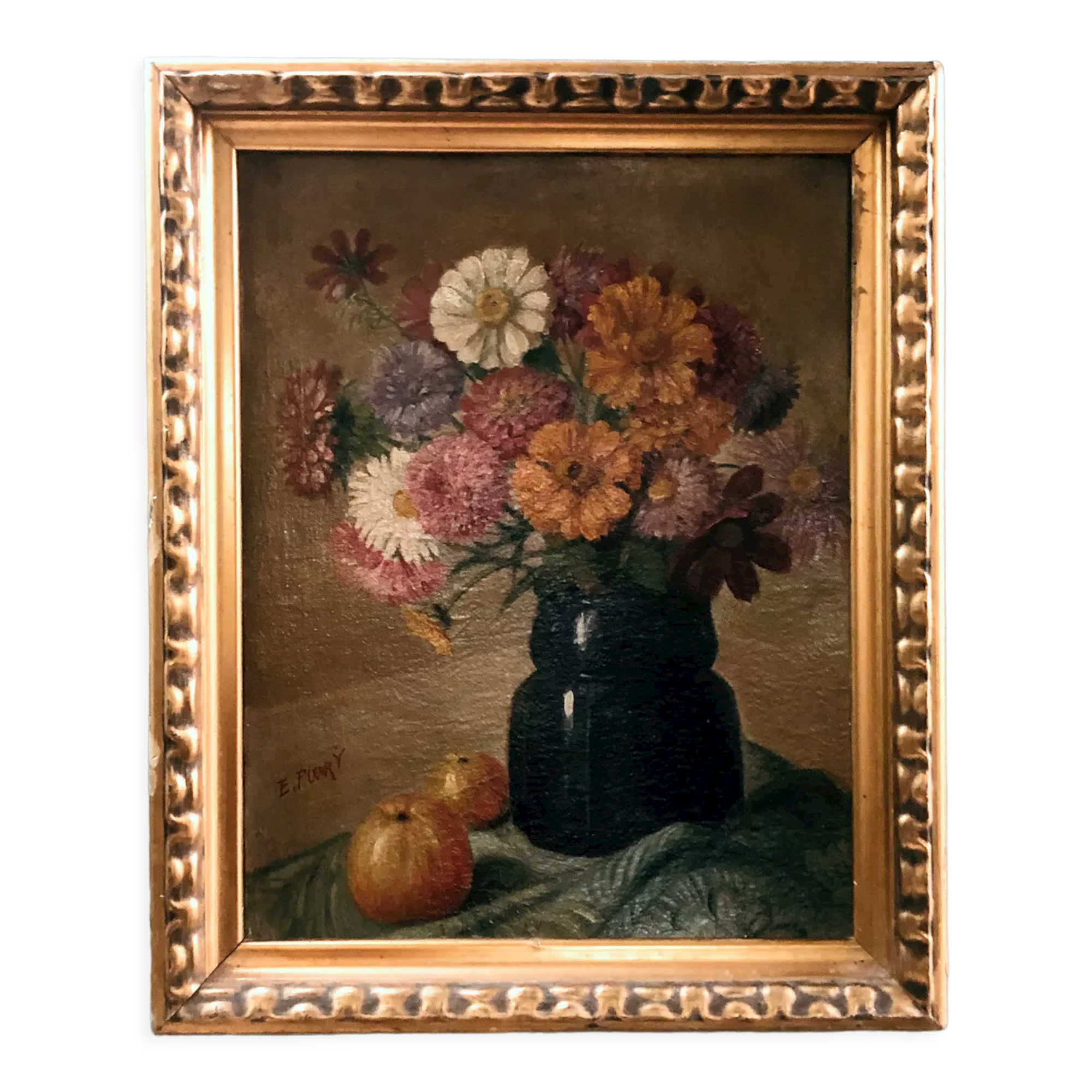 Tableau nature morte années 30 "fleurs et pommes"