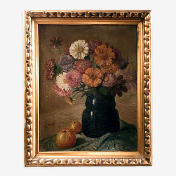 Tableau nature morte années 30 "fleurs et pommes"