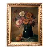 Tableau nature morte années 30 "fleurs et pommes"