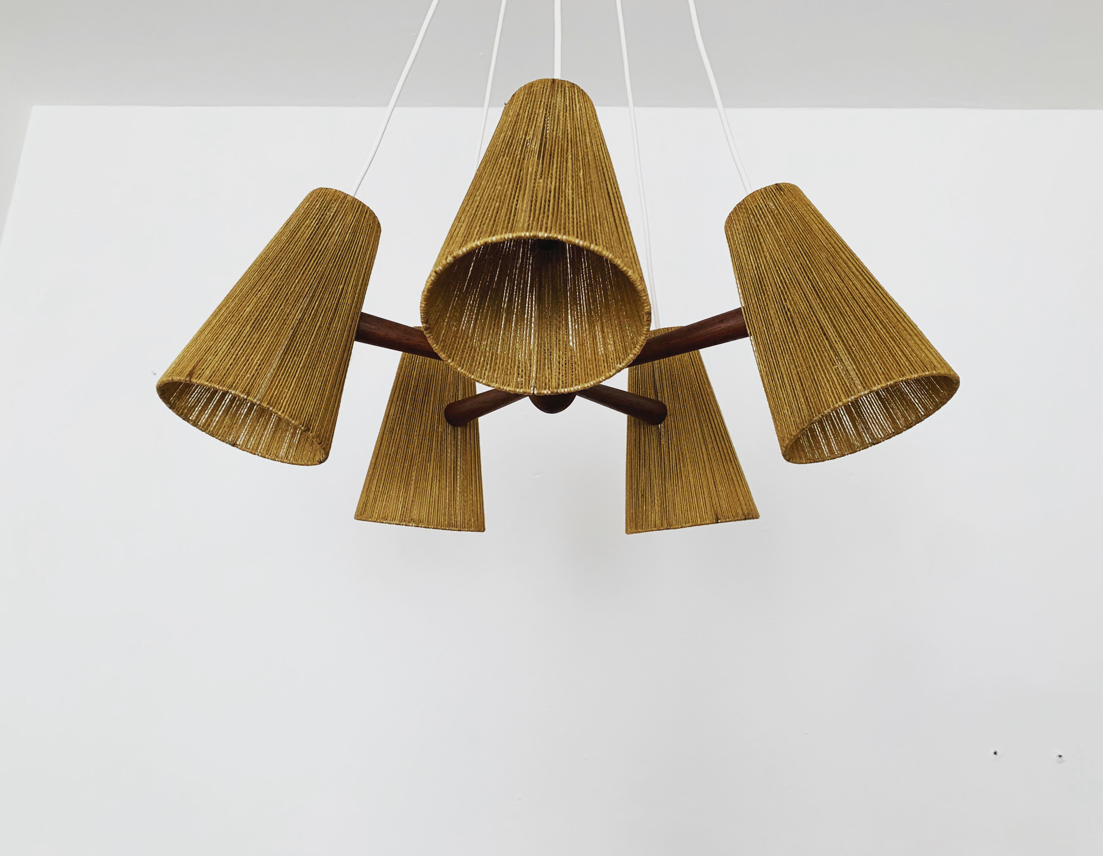 Teakwood and raffia bast chandelier by Temde