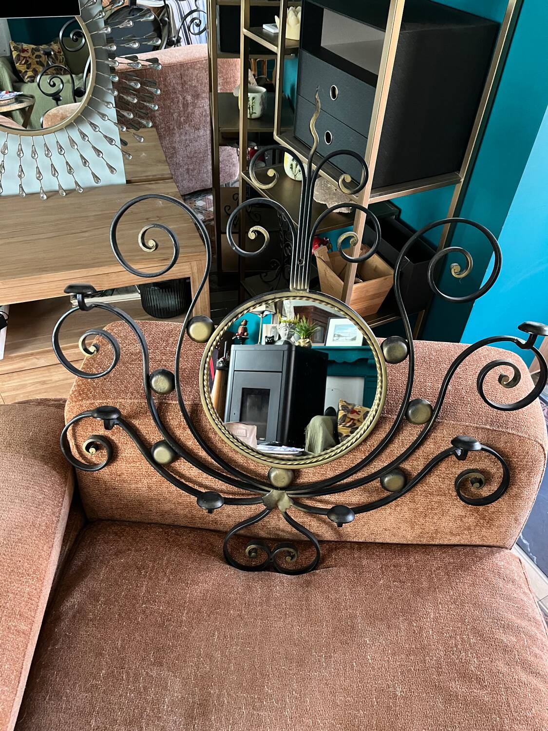 Black wrought iron sun mirror, Vallauris 1960-70