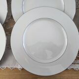 Set of 12 white porcelain dinner plates with double silver rim