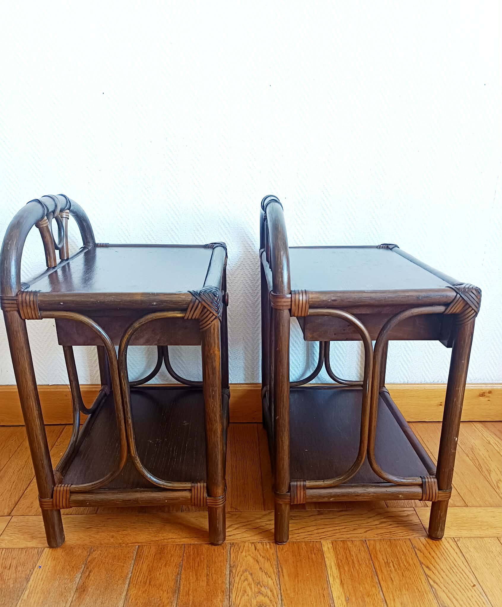 Pair of vintage 1960s rattan bedside tables