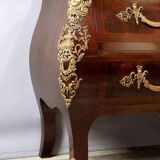 Antique chest of drawers in mahogany, Amboyna burl, red marble and bronze