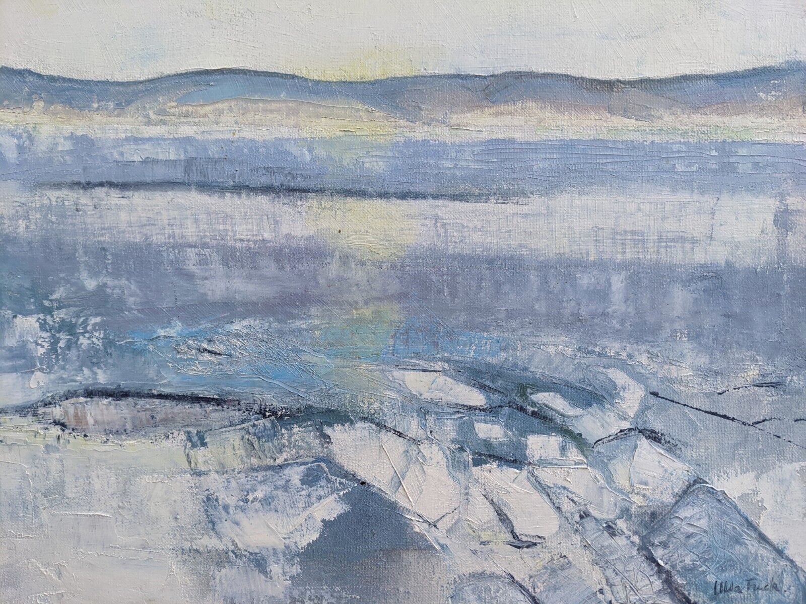 Vintage mid century framed oil painting, abstract coastal landscape - icy winter