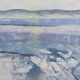 Vintage mid century framed oil painting, abstract coastal landscape - icy winter
