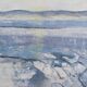 Vintage mid century framed oil painting, abstract coastal landscape - icy winter