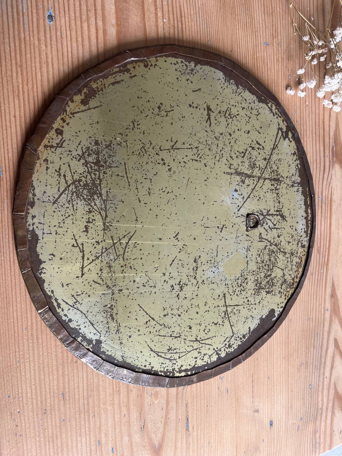 Round hammered brass mirror / vintage openwork