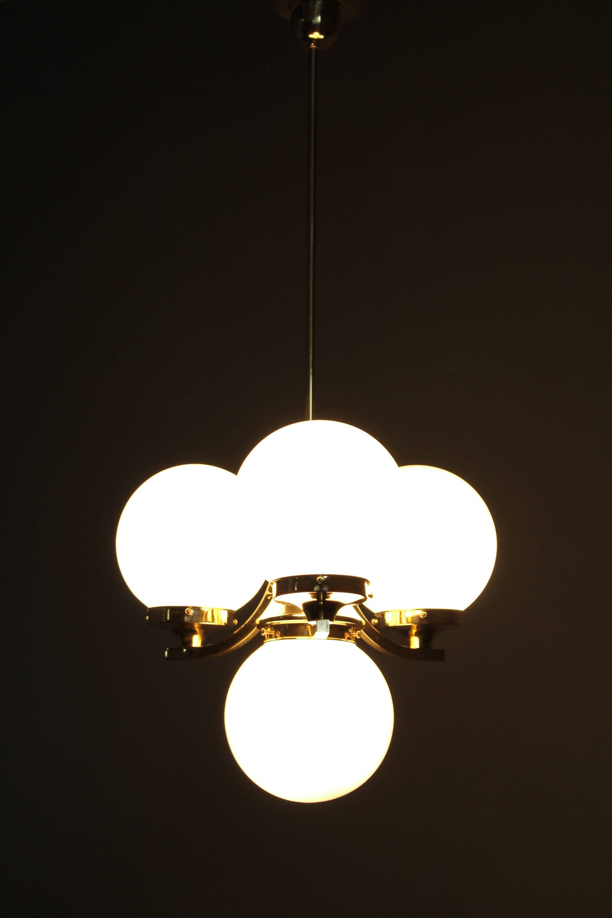 Art Deco brass chandelier with opaline glass, Czechoslovakia, 1930s