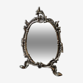 Miroir de table/Coiffeuse. Style Rocaille/Baroque. Motifs volutes/coquillages. En bronze argenté