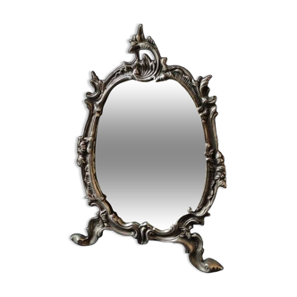 Miroir de table/Coiffeuse. Style Rocaille/Baroque. Motifs volutes/coquillages. En bronze argenté
