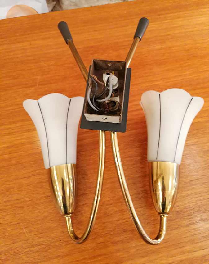 Sconce 2 brass branches, opaline tulip, 1950