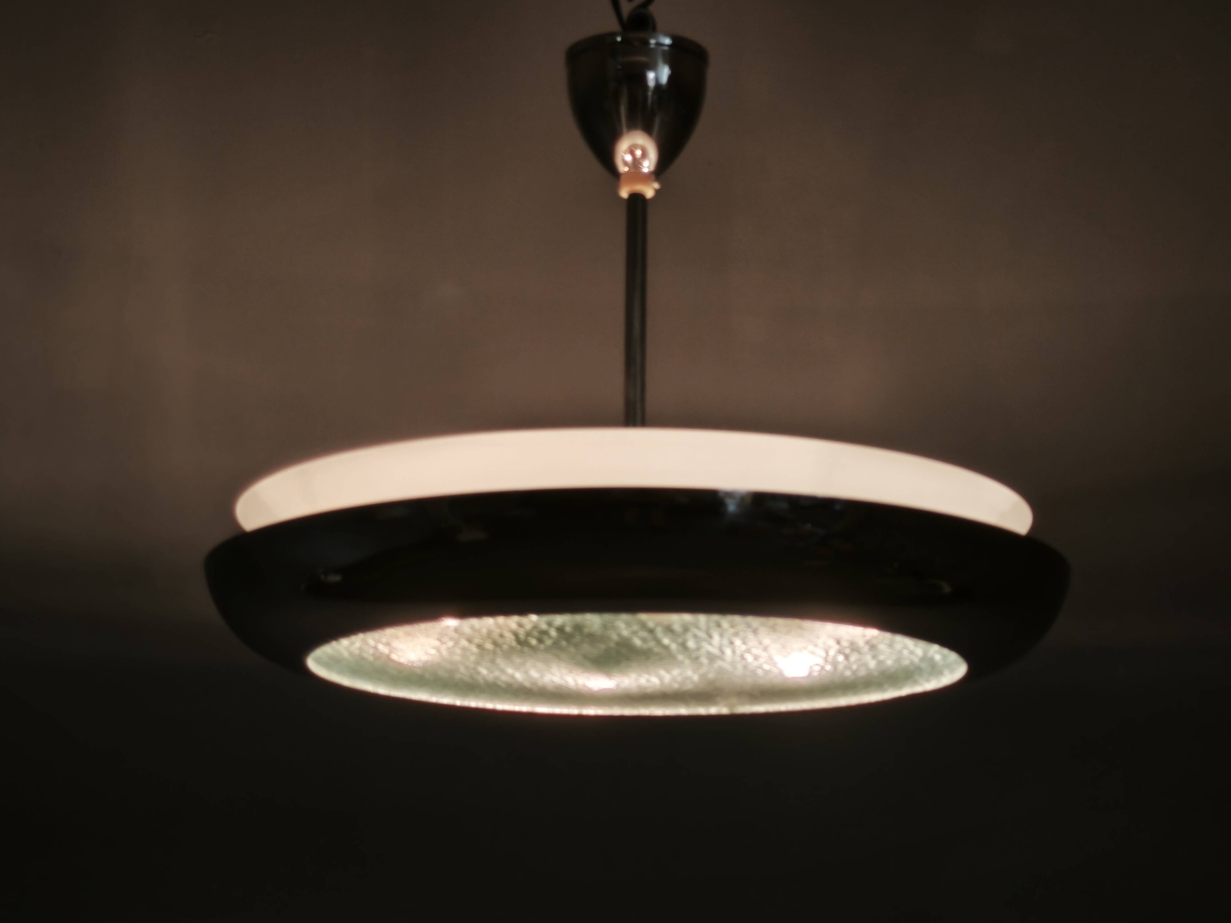 1930s Bauhaus UFO Chrome and Glass Pendant Light, Czechoslovakia