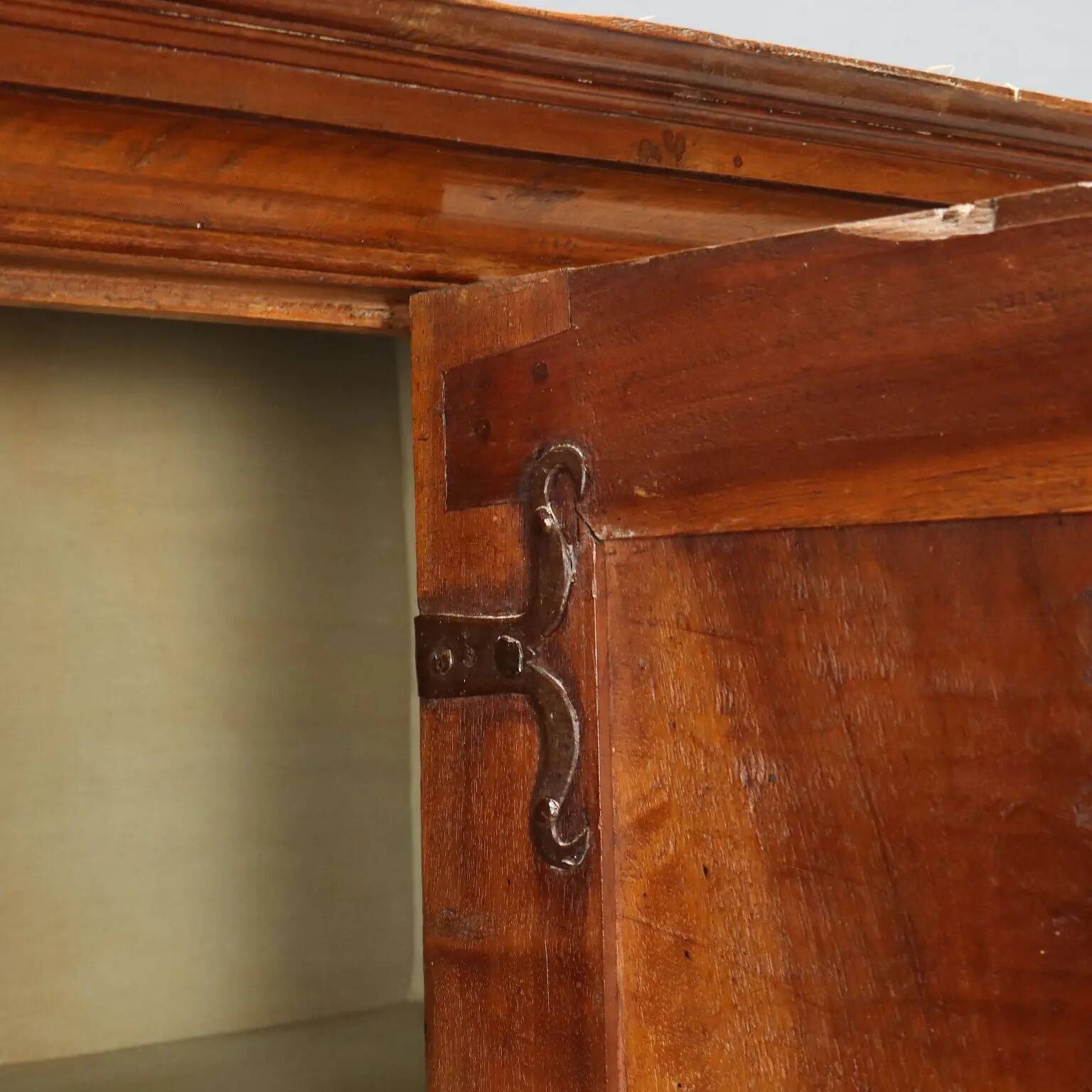 Antique baroque wardrobe in walnut and fabric, Piedmont, Italy, 18th century