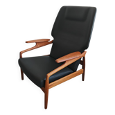 Fauteuil Lounge Mid Century en teck massif et cuir par John Bone