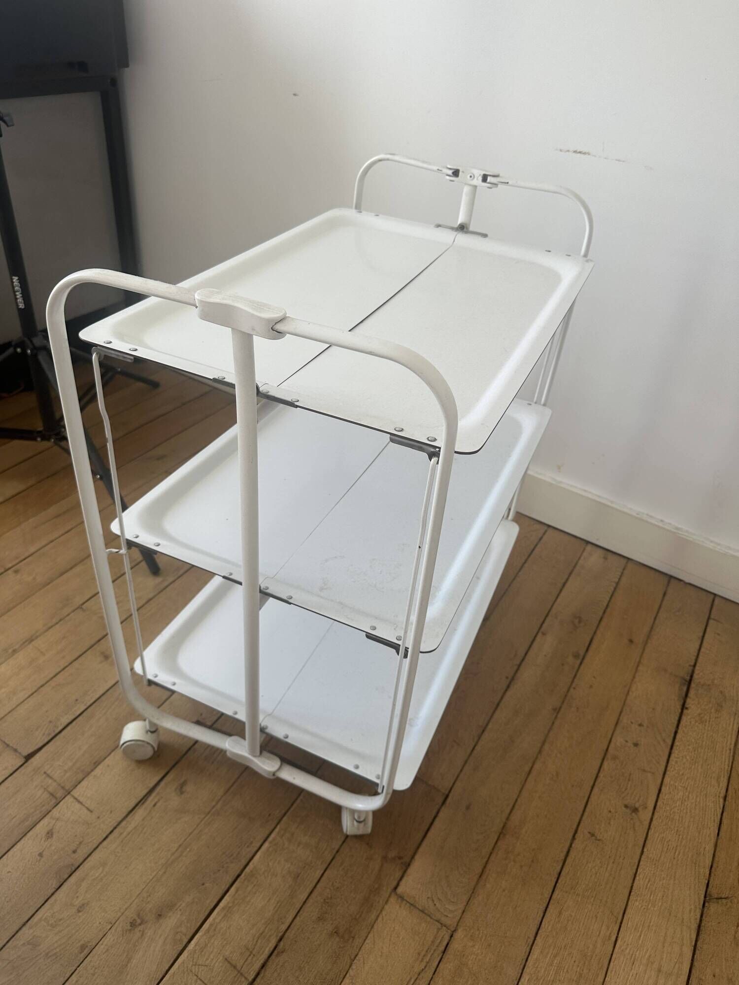 Vintage folding dessert trolley on wheels, 3 white shelves