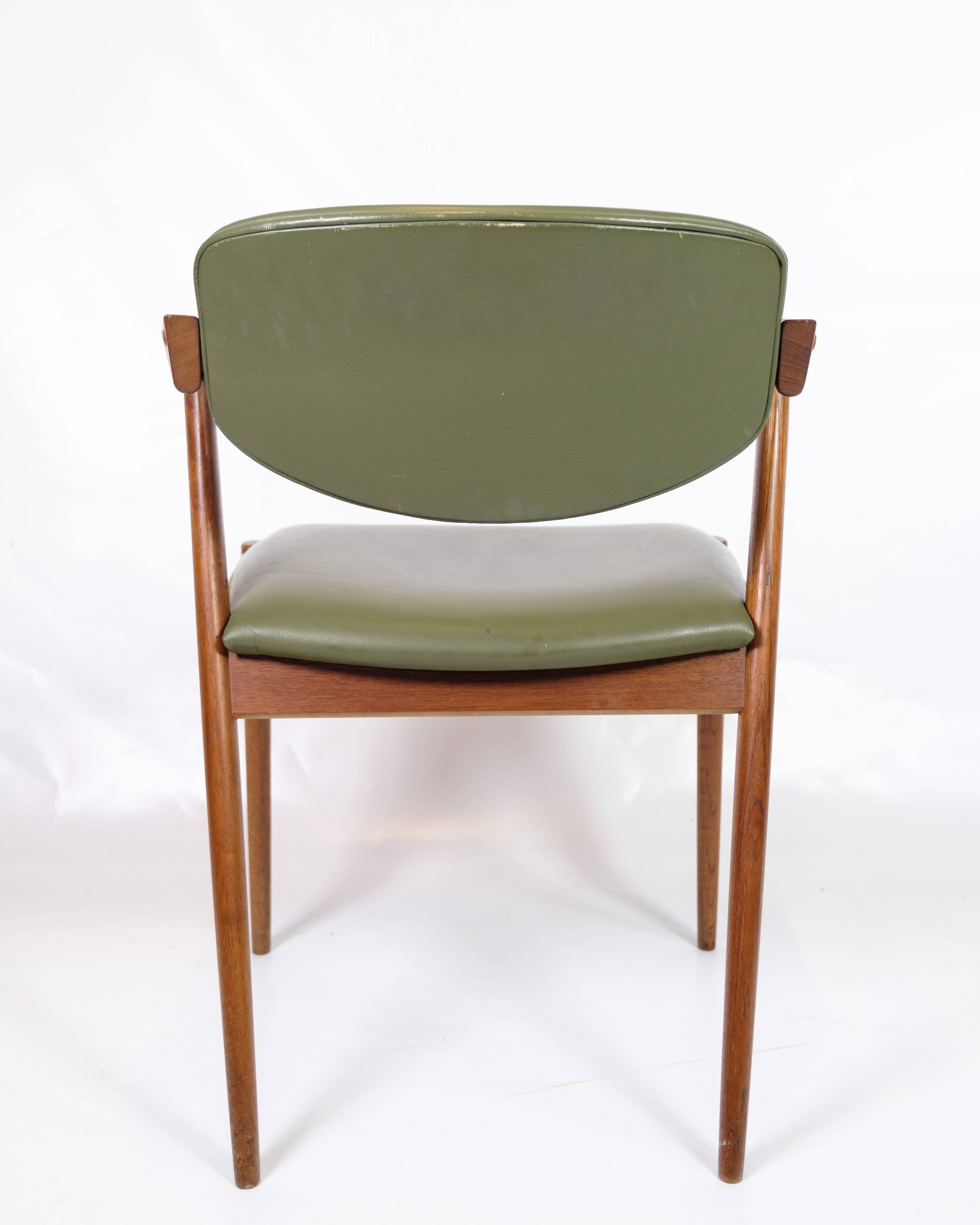 Set Of 6 Dining Chairs Model 42 Made IN Teak With Green Leather Seat By Kai Kristiansen From 1960s
